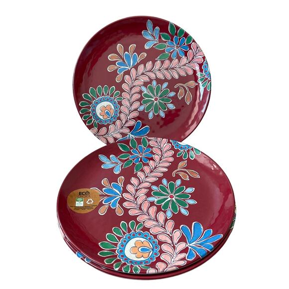 BUNGALOW Set of 4 Melamine 11" Dinner Plates Burgundy Multi Colored Floral NEW - Picture 3 of 10